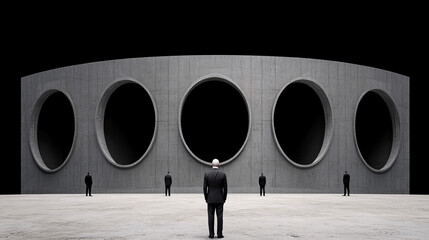 Mysterious gathering of figures in front of massive circular structures during an unknown time