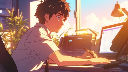 オフィスで仕事をするアニメ調の日本人男性