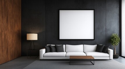 A modern living room featuring a white sofa, a wooden wall and a blank frame, creating a minimalist and stylish atmosphere.