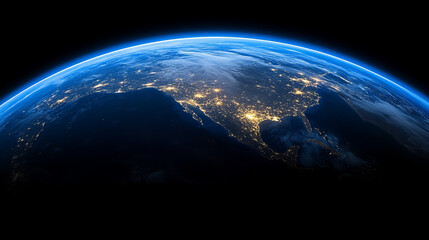 View of Earth at night showcasing city lights over North America from space