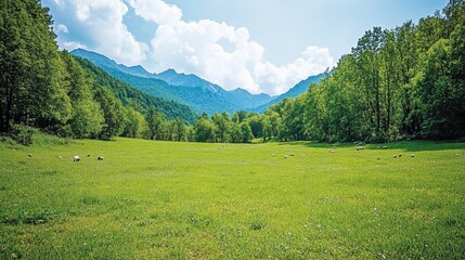 Lush valley meadow, sheep grazing, mountains in background, serene landscape