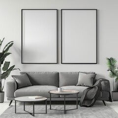 Two blank posters mockup in a modern living room with a gray sofa. two coffee tables. a throw blanket and plants