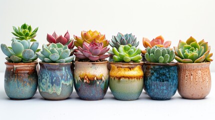 Colorful succulents in small ceramic pots on a white background