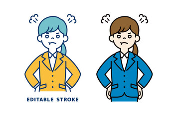 腰に手をあてて怒る、若い女性会社員のベクターイラスト素材＿線幅の編集可能