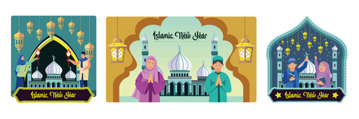 Islamic New Year celebrations feature Muslim people, mosques, and lanterns.