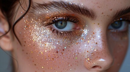 Close-up of woman with glittery makeup, studio shot