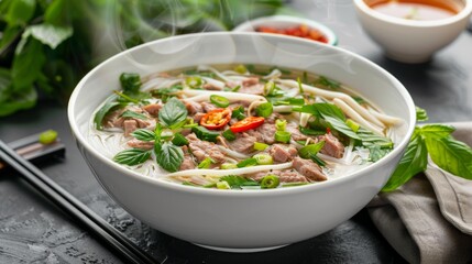 Bowl of Delicious Pho Noodles with Beef Herbs and Spices Asian Cuisine Vietnamese Food Tasty