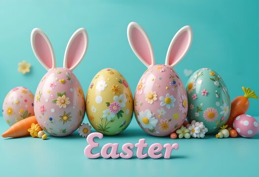 Easter eggs with bunny ears and carrots on a blue background, festive holiday decoration, pastel colors, happy easter greeting, spring celebration, and cute animal design.