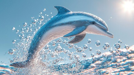 Fototapeta premium Dolphin Leaping Ocean Water Bubbles 3D Render Sunlight Aquatic Wildlife