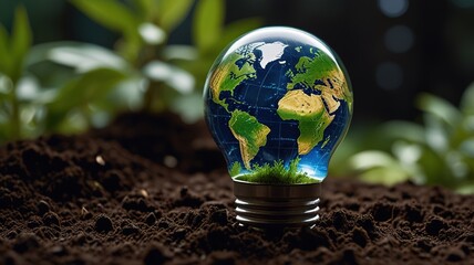 Clear glass light bulb placed upright on a bed of rich, dark soil. Inside the bulb, a map of the Earth is visible