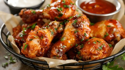 Fototapeta premium Crispy Chicken Drumsticks with Sauce and Garnish Presented in a Decorative Metal Basket on Paper