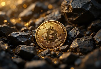 Golden Bitcoin Coin On Dark Rocks. A Symbol Of Modern Finance. Crypto Shines With Warm Light. Wealth Concept. Investment Opportunity. Digital Currency Concept. Financial Innovation.