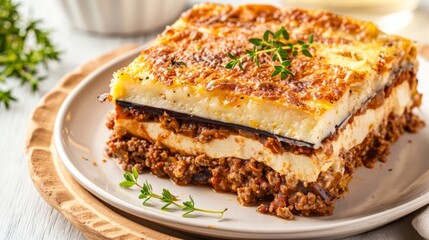 Delicious Homemade Moussaka Recipe Layered with Eggplant Meat and B?chamel Sauce on White Plate
