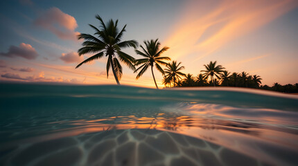 Obraz premium A split-level view of palm trees at sunset, with half the image underwater showing reflections and the other half above water with a warm sky.