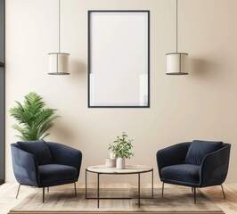 Minimalist living room interior with two armchairs. a coffee table. and a large framed artwork on the wall