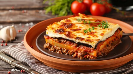 Delicious Moussaka Dish on a Plate with Tomatoes in Background on Wooden Table Surface Top View