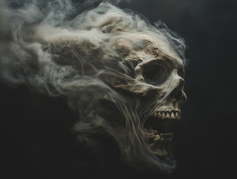 Dangerous mysterious human skull floating in eerie mist,with an open mouth. Concept of death, mystery, horror.