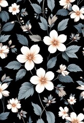 seamless floral pattern with white flowers and gray leaves on a black background
