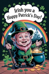 St. Patrick's Day illustration with a leprechaun in a green outfit happy taking care of a pot of gold and a rainbow