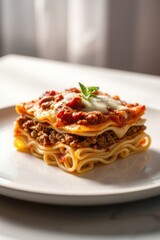 Fototapeta premium A delectable square slice of lasagna, with layers of noodles, meat sauce, cheese, and topped with mint.
