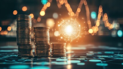 Concept image of financial success in the energy industry, coins stacked high with power icons glowing in the background.