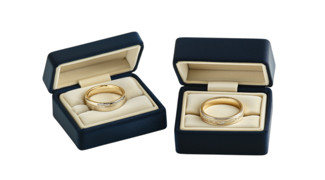 Wedding, gold rings in velvet blue boxes isolated on a white background, close up, created with Generative AI technology, PNG