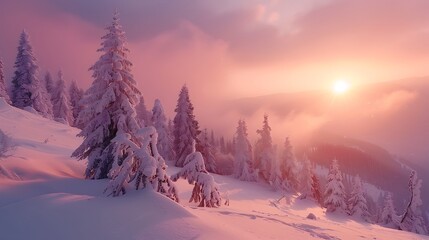 The first rays of the sun and winter mountain landscape with snowy fir trees on slope