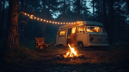Cozy old-fashioned camper van illuminated by string lights, campfire flames flickering in the forest