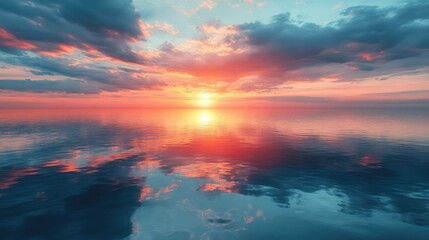 Fototapeta premium Peaceful sunset over calm sea reflecting fiery sky. Possible use nature, wallpaper, desktop, cover