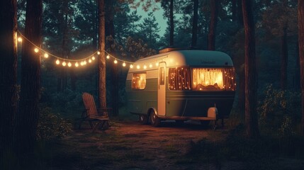 Cozy vintage camping trailer with glowing string lights, surrounded by a peaceful forest at dusk