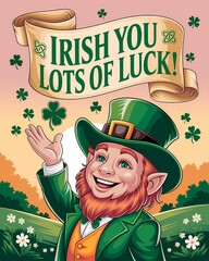  St. Patrick's Day illustration with a leprechaun and a sign with writing