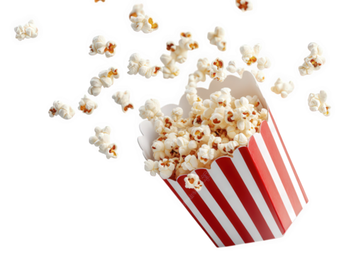 striped popcorn box overflowing with popped corn. with several pieces floating above it. creating a dynamic and playful scene this visual evokes the fun and excitement of enjoying snacks at a movie th