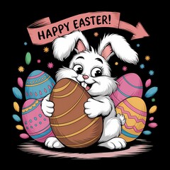 Easter illustration of a bunny holding a chocolate egg