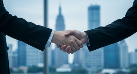Two businesspeople shake hands in front of a city skyline. A deal is sealed.