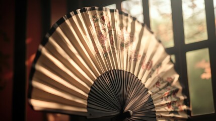 Elegant Traditional Fan with Floral Design in Soft Natural Light
