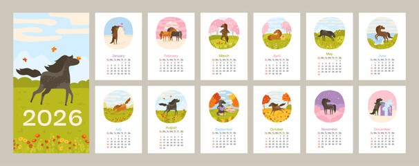 Calendar 2026 with Horse mascot vertical template. Wall calendar with mare, mustang. Set of 12 pages and cover with hand drawn horses in different poses, scenes landscapes. Week starts Sunday vector