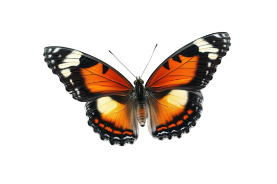 beautifully detailed butterfly with vibrant orange and black wings. showcasing intricate patterns its wings are spread wide against a white background. highlighting its colors and form. ideal for educ