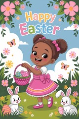 Children's illustration of a girl in a pink dress holding a basket of Easter eggs