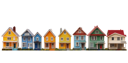 row of colorful houses. showcasing various architectural styles and vibrant colors the houses are arranged neatly. suggesting a cheerful neighborhood setting the clean. white background emphasizes the