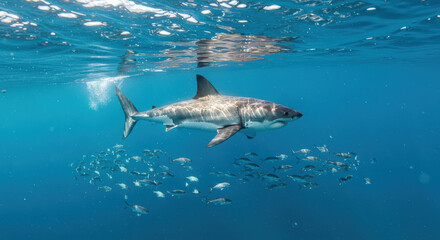 Obraz premium Great White Shark School Fish Underwater: Great White Shark swimming with a school of fish in clear blue ocean waters