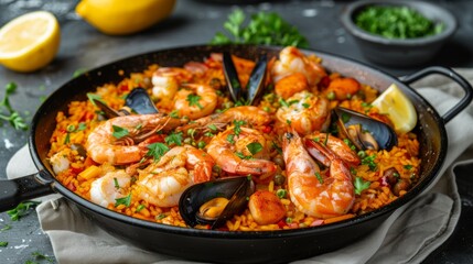 Fototapeta premium Seafood Paella Delight with Lemon Wedges Culinary Journey in a Rich Aromatic Rice Dish Close Up