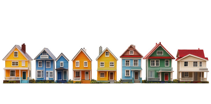 row of colorful houses. showcasing various architectural styles and vibrant colors the houses are arranged neatly. suggesting a cheerful neighborhood setting the clean. white background emphasizes the