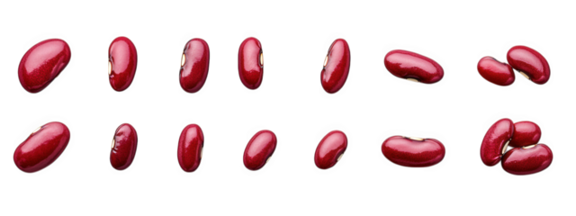 various red kidney beans arranged in a linear pattern against a white background. showcasing their glossy texture and distinct shapes this composition highlights the natural beauty of the beans. poten