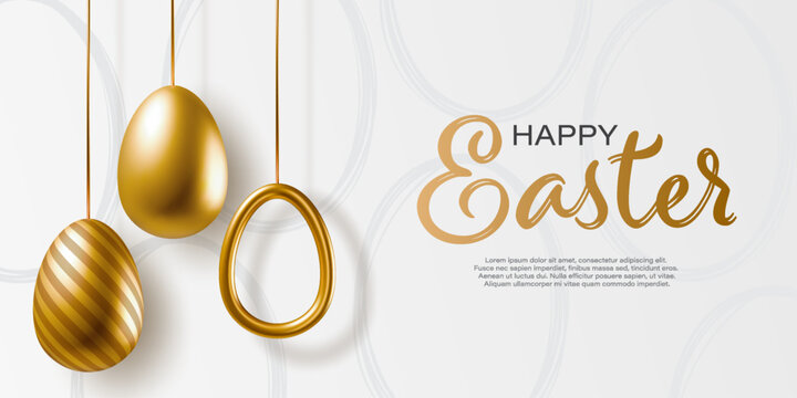 Happy Easter banner with realistic golden eggs with different designs. 3d vector egg decorations for greeting card, web banner, flyer, promotion, poster, social media. Isolated on pattern background.