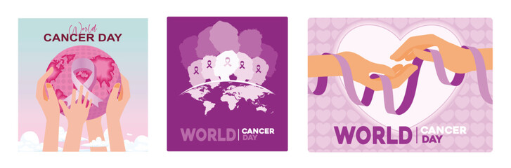 The World Cancer Day campaign features hands, globes, silhouettes and awareness ribbons.