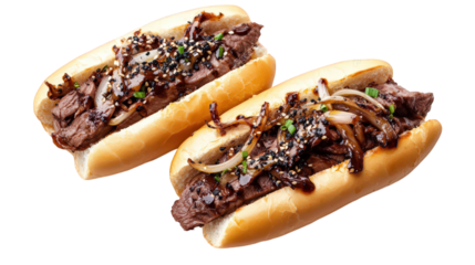 two delicious sandwiches filled with tender beef. topped with saut?ed onions and garnished with sesame seeds. all housed in soft. golden buns this appetizing presentation highlights the savory nature