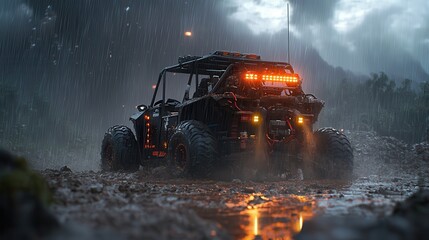 Off-Road Vehicle in Rainy Environment with Dramatic Lighting Effects