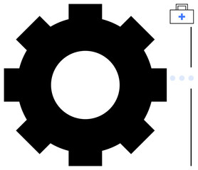 Large black gear beside a medical briefcase with plus icon. Ideal for healthcare, technology, integration, innovation, support, management, work efficiency. Flat simple metaphor