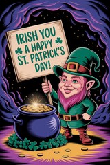 A leprechaun holding a wooden sign with a golden bucket