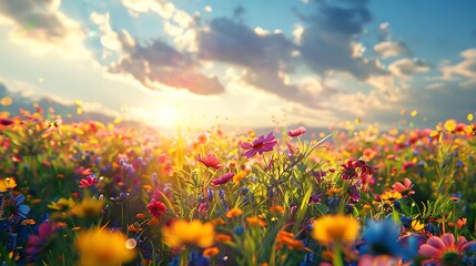 Fototapeta premium View of nature landscape with flowers field